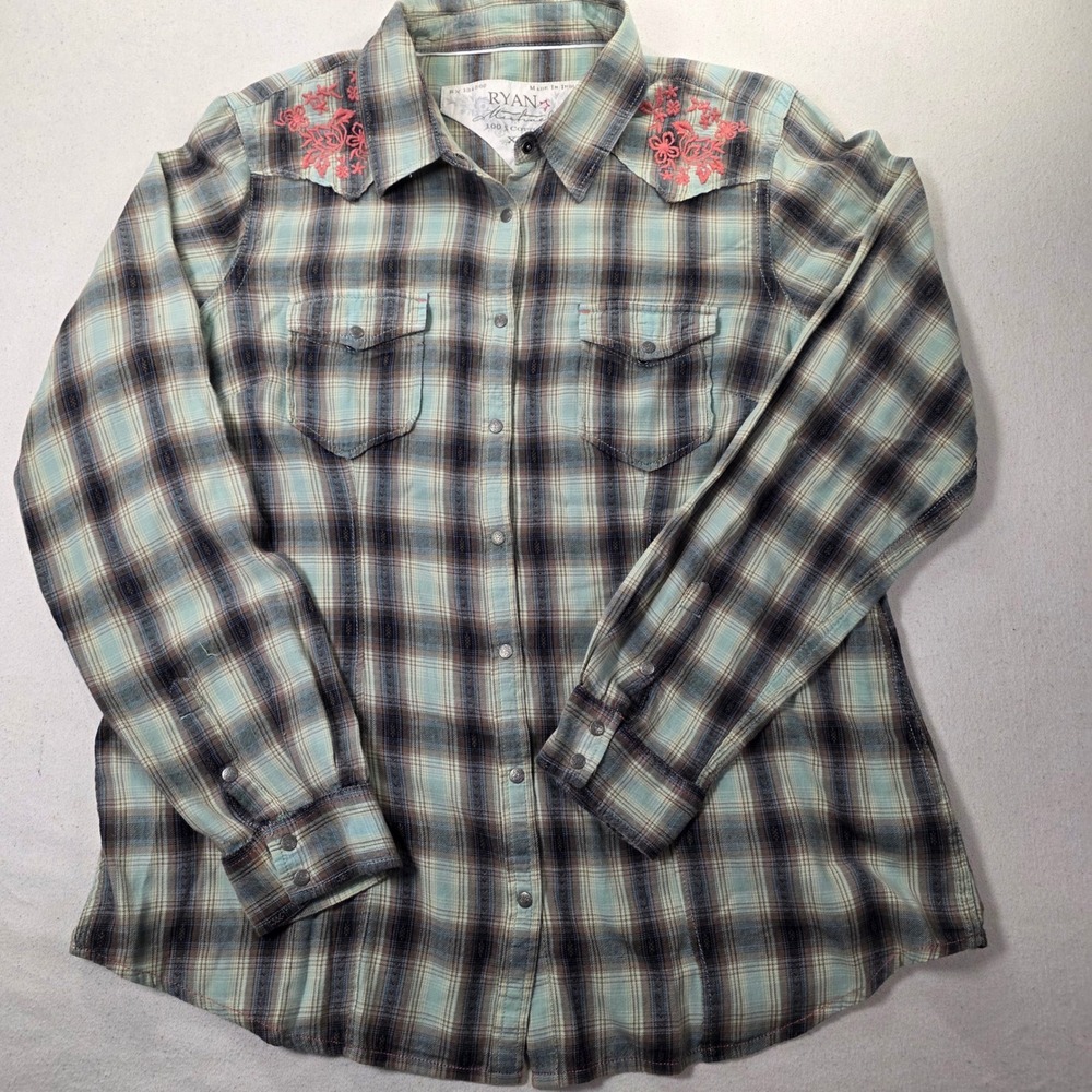 Ryan Michael Western Shirt XL Blue Plaid Floral Embroidery Snap Front Top H594